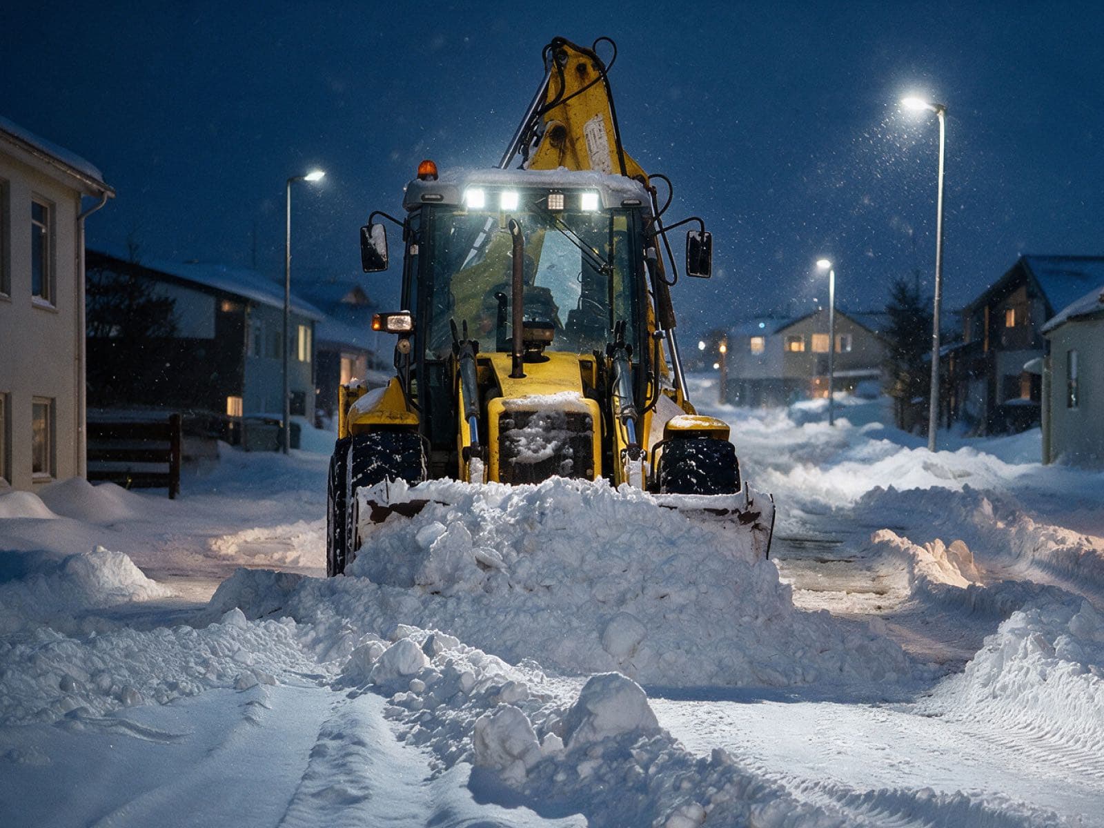 Grafa frá Grunnar mokar snjó af íbúðargötu í Reykjanesbæ að kvöldlagi