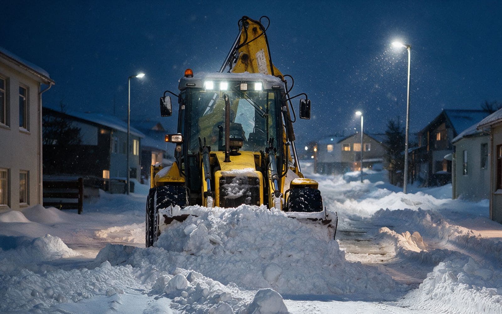 Grafa frá Grunnar mokar snjó af íbúðargötu í Reykjanesbæ að kvöldlagi